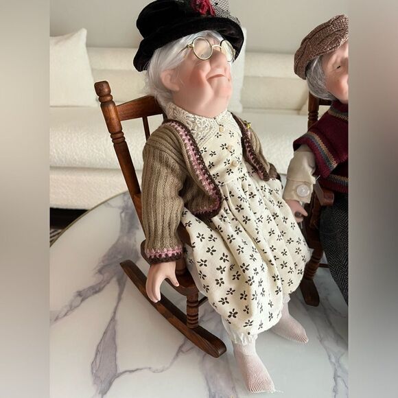 VINTAGE Porcelain Grandma and Grandpa Dolls Set 16" Matching Rocking Chairs - Picture 6 of 14